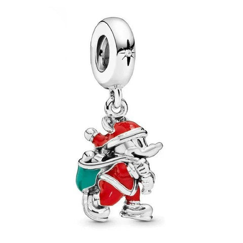 Santa Donald Duck Charm for Pandora Bracelets - sterling silver christmas charms featuband Santa Donald Duck with red and green enamel accents.
