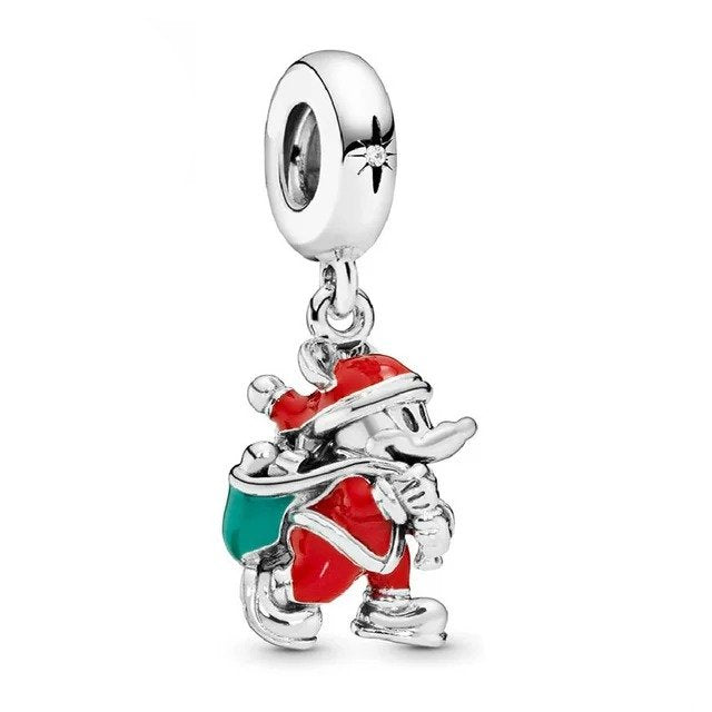 sterling silver christmas charms featuband Santa Donald Duck with red and green enamel accents.