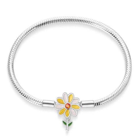 Sunflower Delight Sterling Silver Snake Chain Charm Bracelet - Sunflower delight charm sterling silver snake chain bracelet with yellow enamel and gemstone