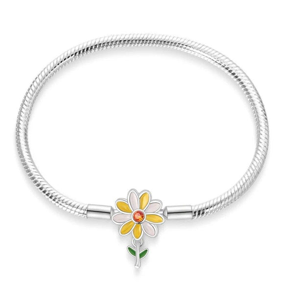 Sunflower Delight Sterling Silver Snake Chain Charm Bracelet - Sunflower delight charm sterling silver snake chain bracelet with yellow enamel and gemstone