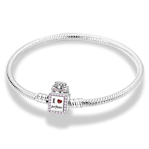 Perfume Lover Sterling Silver Snake Chain Charm Bracelet - Perfume lover charm sterling silver snake chain bracelet with perfume bottle clasp and crystals