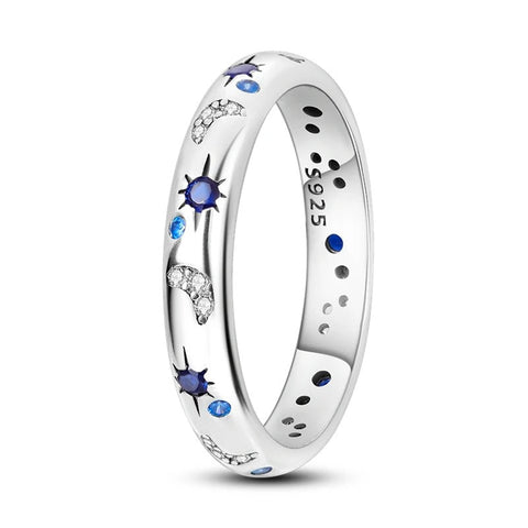 Celestial Band Blue Star Diamound Moon silver Ring - Celestial Band with Blue Star and Diamound Moon in silver Ring