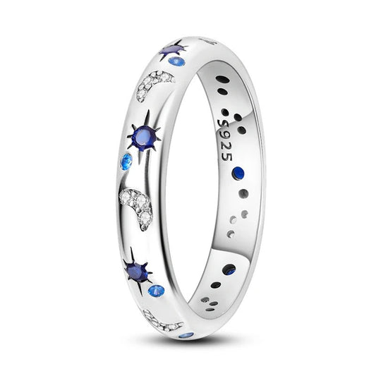 Celestial Band with Blue Star and Diamound Moon in silver Ring