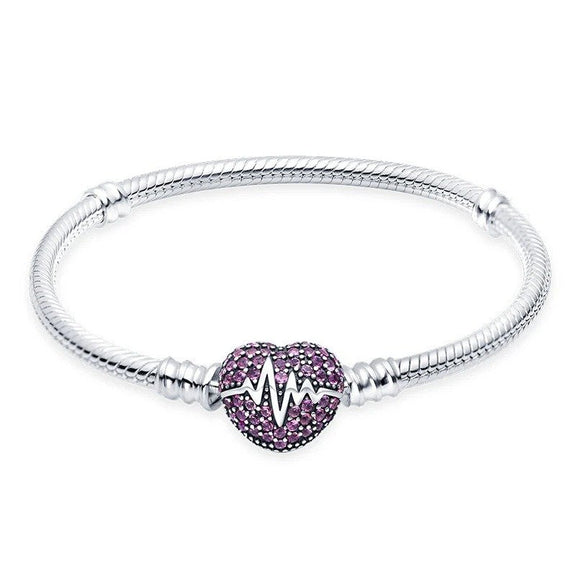 Vibrant Pink Heartbeat Charm Bracelet - Sterling silver bracelet with a pink heartbeat charm, compatible with Pandora charms.