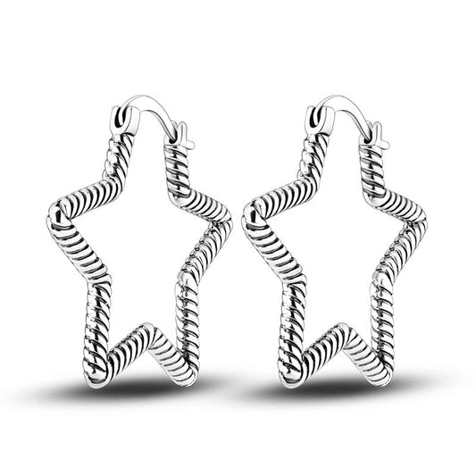 Sterling silver star-shaped hoop earrings with textured design.
