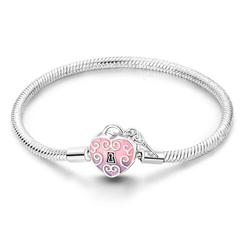 Key to my heart pink enamel charm sterling silver snake chain bracelet