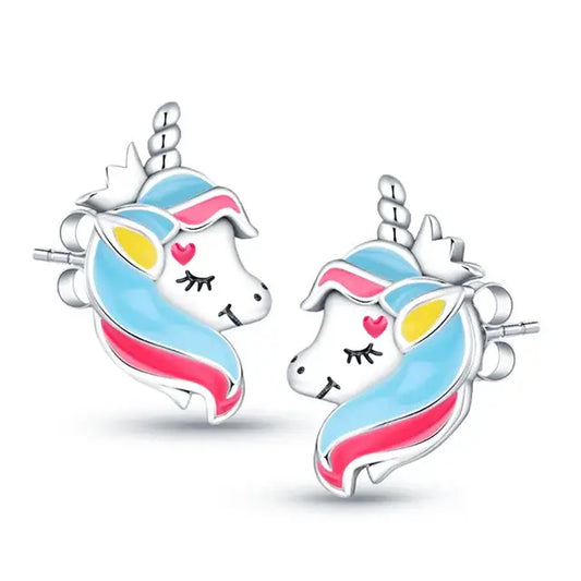 Colorful unicorn stud earrings for kids on a white background.