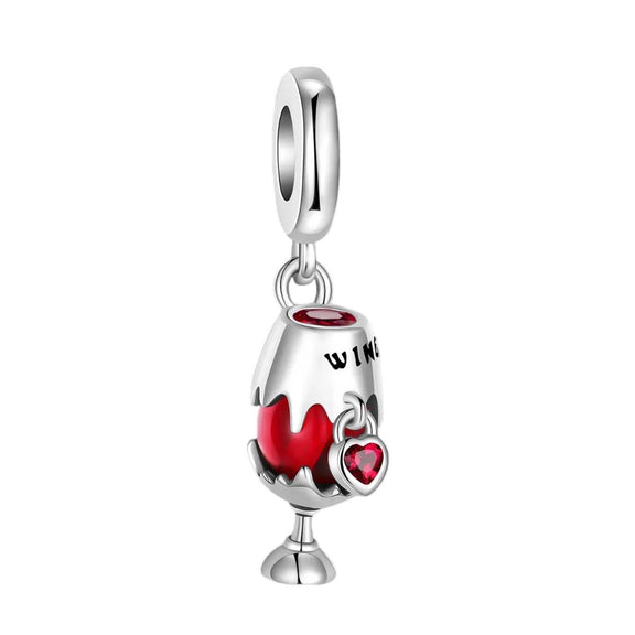 Wine Bottle Charm - Sterling silver wine bottle charm with red enamel accents and heart detail.