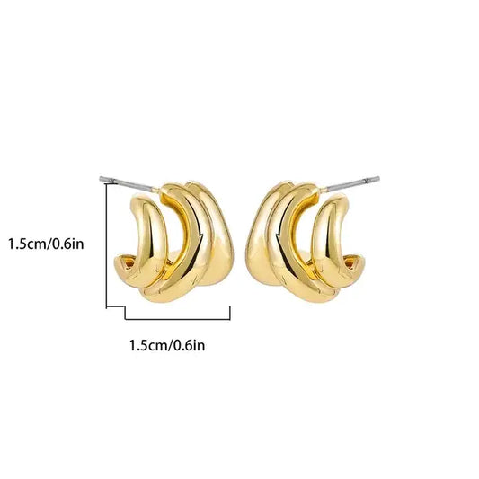 Gold crescent stud earrings measuring .cm in height and width, displayed with dimensions.