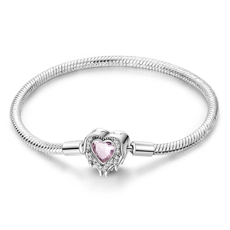 Angel heart charm sterling silver snake chain bracelet with pink crystal