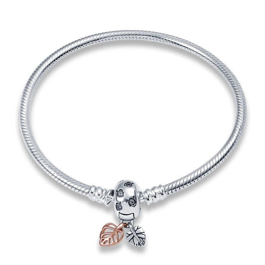 Autumn leaves charm sterling silver snake chain bracelet with crystal-studded clasp and leaf charms