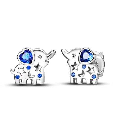 Enchanting Elephant Sterling Silver Earrings Blue Crystal Accents - Adorable elephant stud earbands with blue crystal hearts, featuband star and moon cutouts.