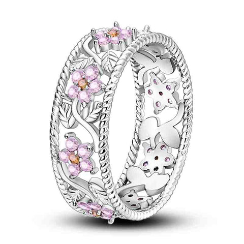 Flower Pink Crystal Sterling Silver Wide Ring - Flower Pink Crystal Sterling Silver Wide Ring