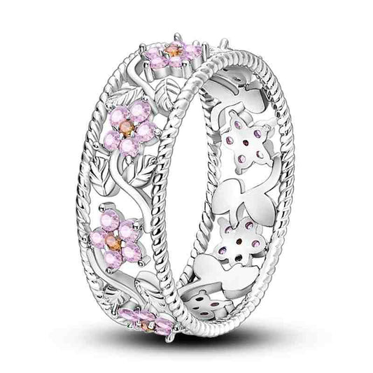Flower Pink Crystal Sterling Silver Wide Ring