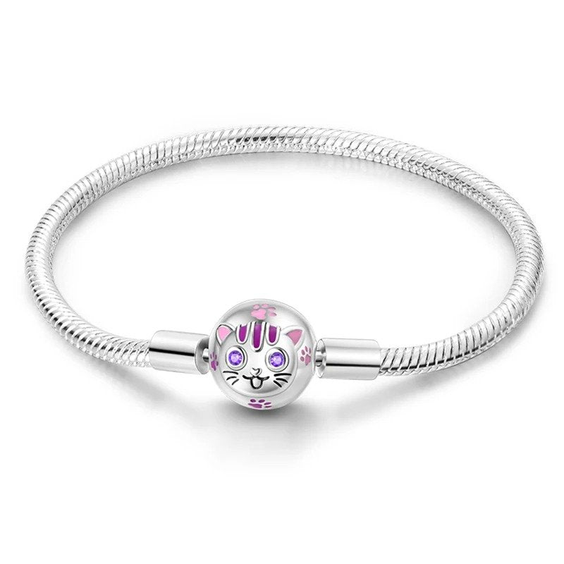 Kitty cuteness charm sterling silver snake chain bracelet with pink and purple enamel