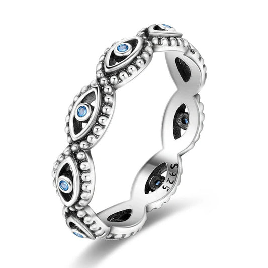 Sterling Silver Evil Eye Ring with Blue Gemstone Accents