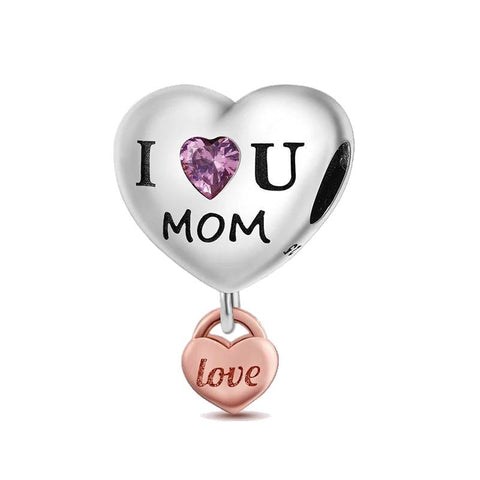 I Love You Mom Charm Heart - Sterling silver heart charm inscribed with "I Love U MOM" and a dangling rose gold heart.