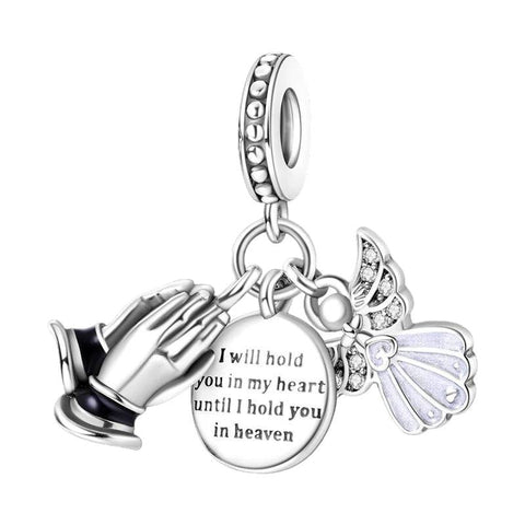 Sterling Silver Memorial Charm with Angel and Praying Hands - Sterling silver charm with praying hands, angel wing, and inscribed disc.