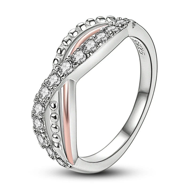 Sterling Silver and Rose Gold V-Ring - Diamond Band