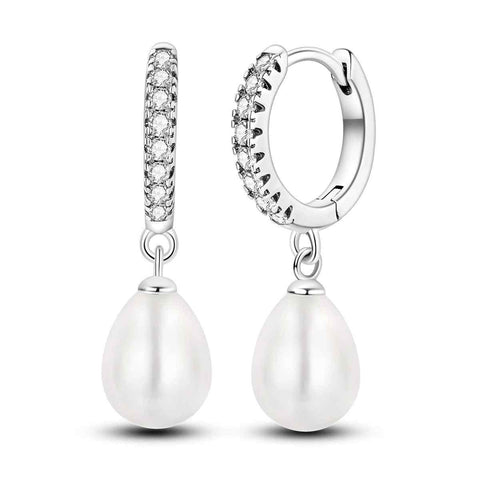 Elegant Sterling Silver Pearl Drop Hoop Earrings - Sterling silver hoop earrings with pearl drops and diamond accents.