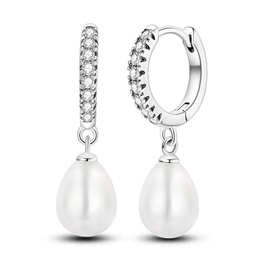 Sterling silver hoop earrings with pearl drops and diamond accents.