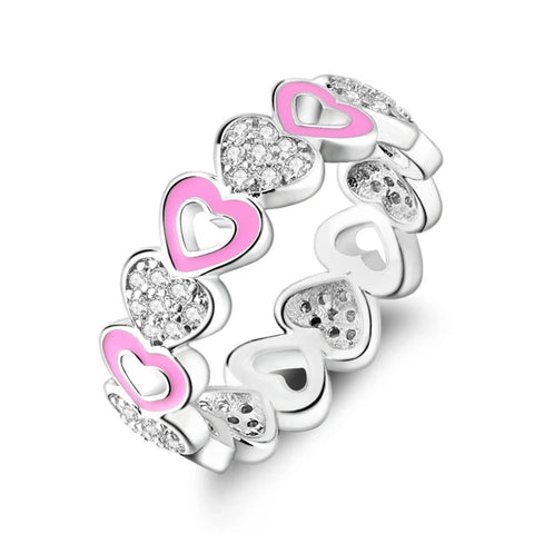 Sterling Silver Pink Heart Ring - Diamond Hearts - Sterling Silver Pink Heart Ring - Diamond Hearts