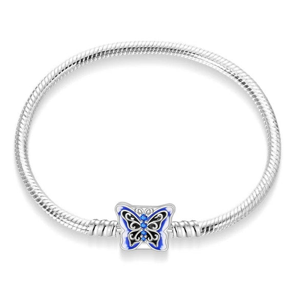 Butterfly Dream Sterling Silver Snake Chain Charm Bracelet - Butterfly charm sterling silver snake chain bracelet with blue enamel and gemstones