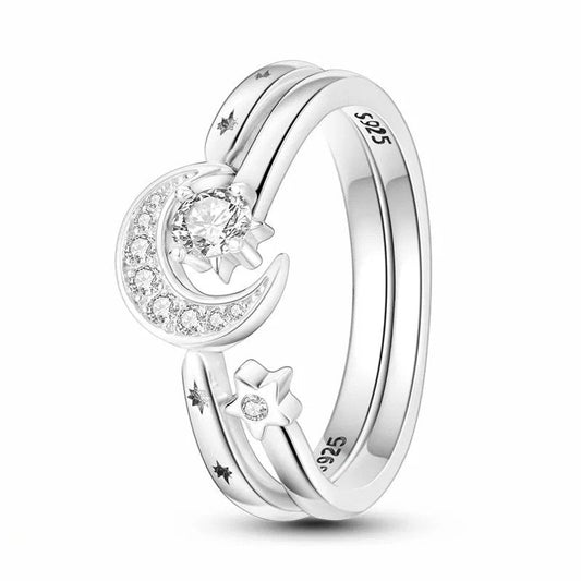 Sterling Silver Moon and Star zircom Open Ring