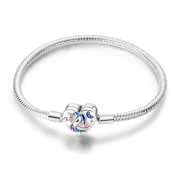 Rainbow Unicorn Sterling Silver Snake Chain Charm Bracelet - Rainbow unicorn charm sterling silver snake chain bracelet with colorful enamel