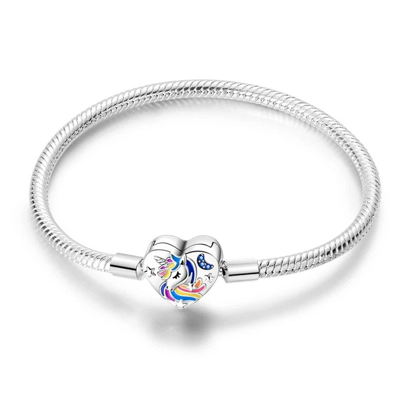 Rainbow unicorn charm sterling silver snake chain bracelet with colorful enamel