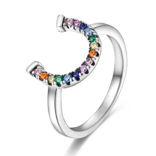 Sterling Silver Horseshoe Rainbow Ring - Horse CZ Ring