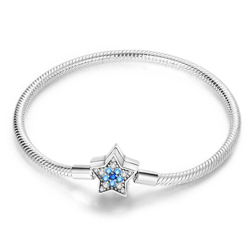 Shining star charm sterling silver snake chain bracelet with blue and clear crystals