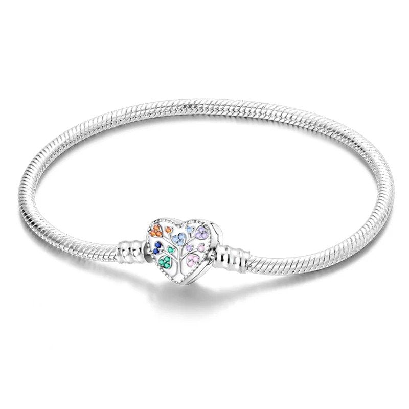 Tree of life heart charm sterling silver snake chain bracelet with colorful enamel