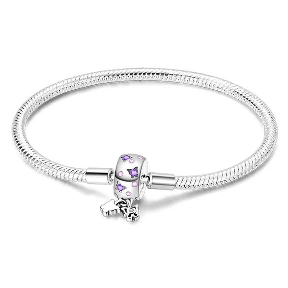 Petal Pink Sterling Silver Snake Chain Charm Bracelet - Petal pink charm sterling silver snake chain bracelet with pink enamel and purple gemstones