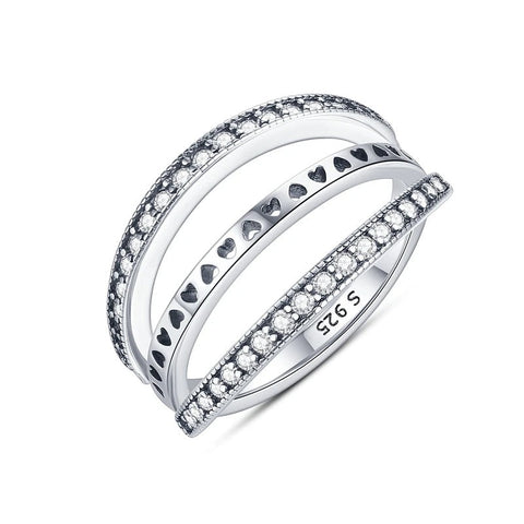 Sterling Silver Triple Band Ring -Hearts Diamond - Sterling Silver Triple Band Ring -Hearts and Diamond
