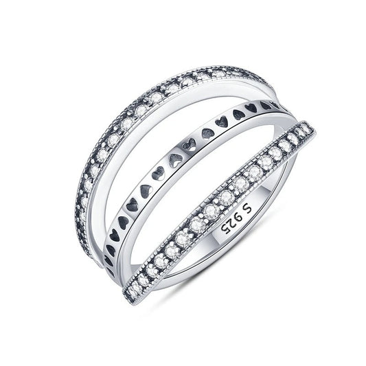 Sterling Silver Triple Band Ring -Hearts and Diamond