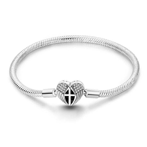 Angel Wing Heart Charm Bracelet Sleek Snake Chain - Angel heart charm sterling silver snake chain bracelet with angel wings and crystals