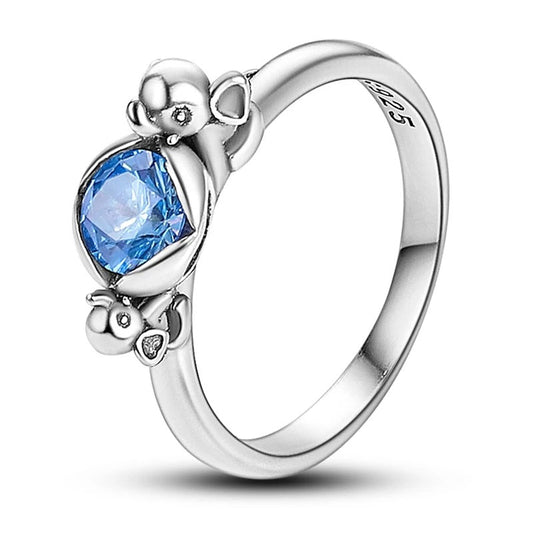 Sterling Silver Blue Gemstone Ring with Elephants beside