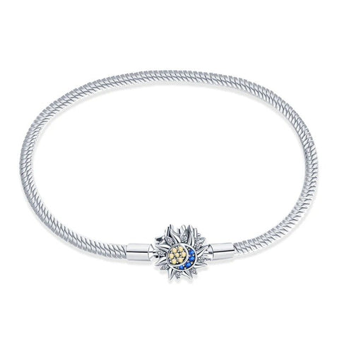Sun Moon Harmony Sterling Silver Snake Chain Charm Bracelet - Sun and moon harmony charm sterling silver snake chain bracelet with blue and gold enamel