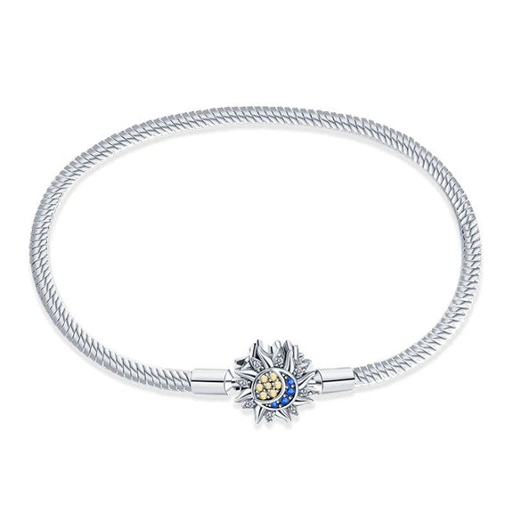 Sun and Moon Harmony Sterling Silver Snake Chain Charm Bracelet - Sun and moon harmony charm sterling silver snake chain bracelet with blue and gold enamel