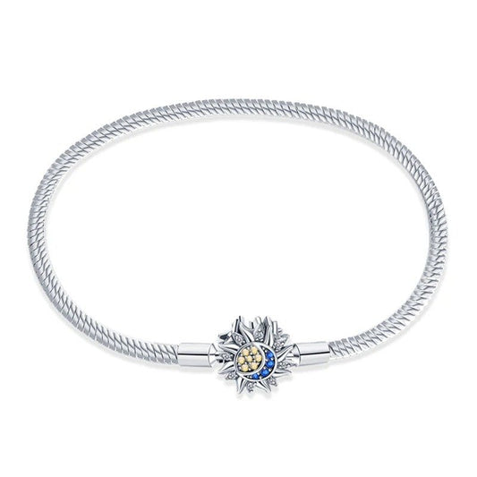 Sun and moon harmony charm sterling silver snake chain bracelet with blue and gold enamel