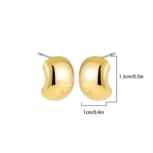 Petite gold nugget earrings measuring .cm in height and cm in width, displayed with dimensions.