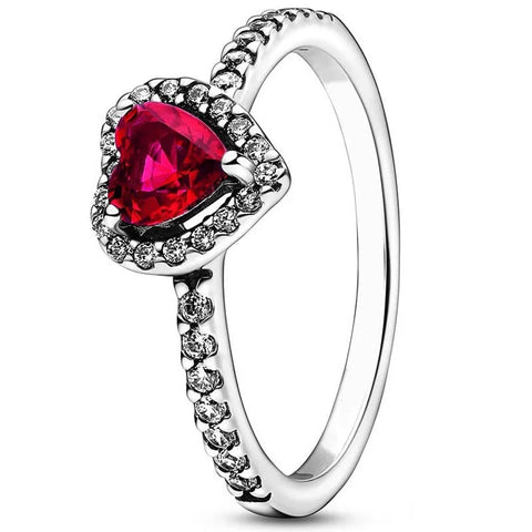 Silver Ring Red Heart-Shaped Gemstone Diamond Accents - Sterling Silver Ring with Red Heart-Shaped Gemstone and Diamond Accents