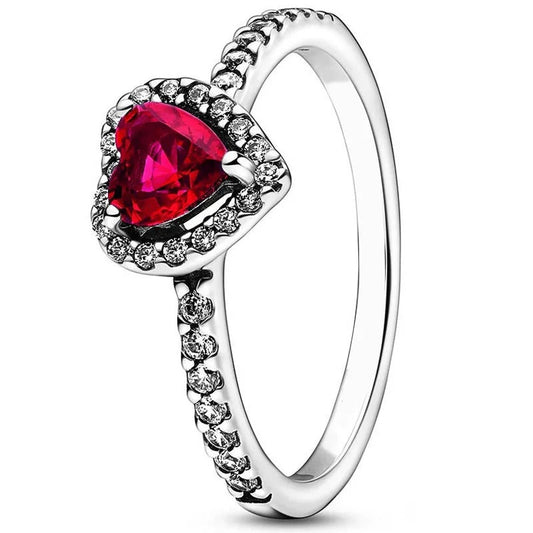 Sterling Silver Ring with Red Heart-Shaped Gemstone and Diamond Accents