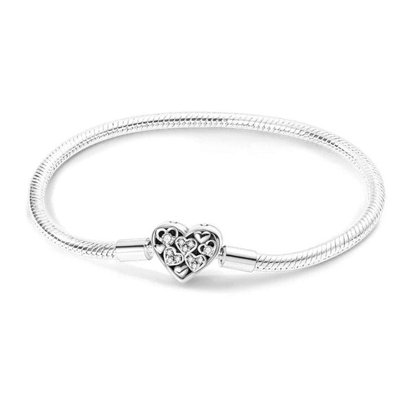 Heart's Desire Sterling Silver Snake Chain Charm Bracelet - Heart's desire charm sterling silver snake chain bracelet with crystal-studded heart clasp