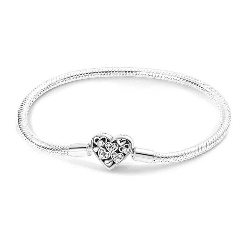 Heart's desire charm sterling silver snake chain bracelet with crystal-studded heart clasp