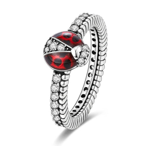 Sterling Silver Diamond Ladybug Ring - Red Ladybug - Sterling Silver Diamond Ladybug Ring - Red Ladybug