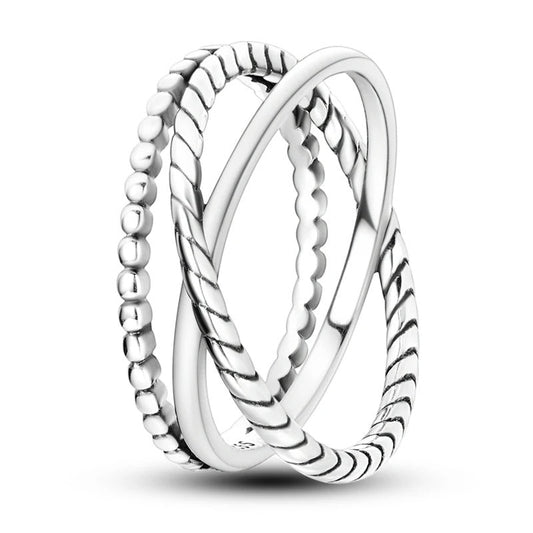Triple Sterling Silver Twisted Rope and Bead Ring