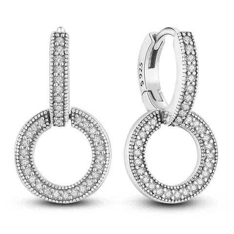 Elegant Sterling Silver Circle Drop Diamond Earrings - Sterling silver circle drop earrings with sparkling diamonds.