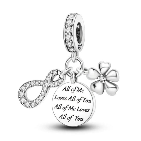 All of Me Loves All of You Charm - Sterling silver charm with an infinity symbol, four-leaf clover,.
